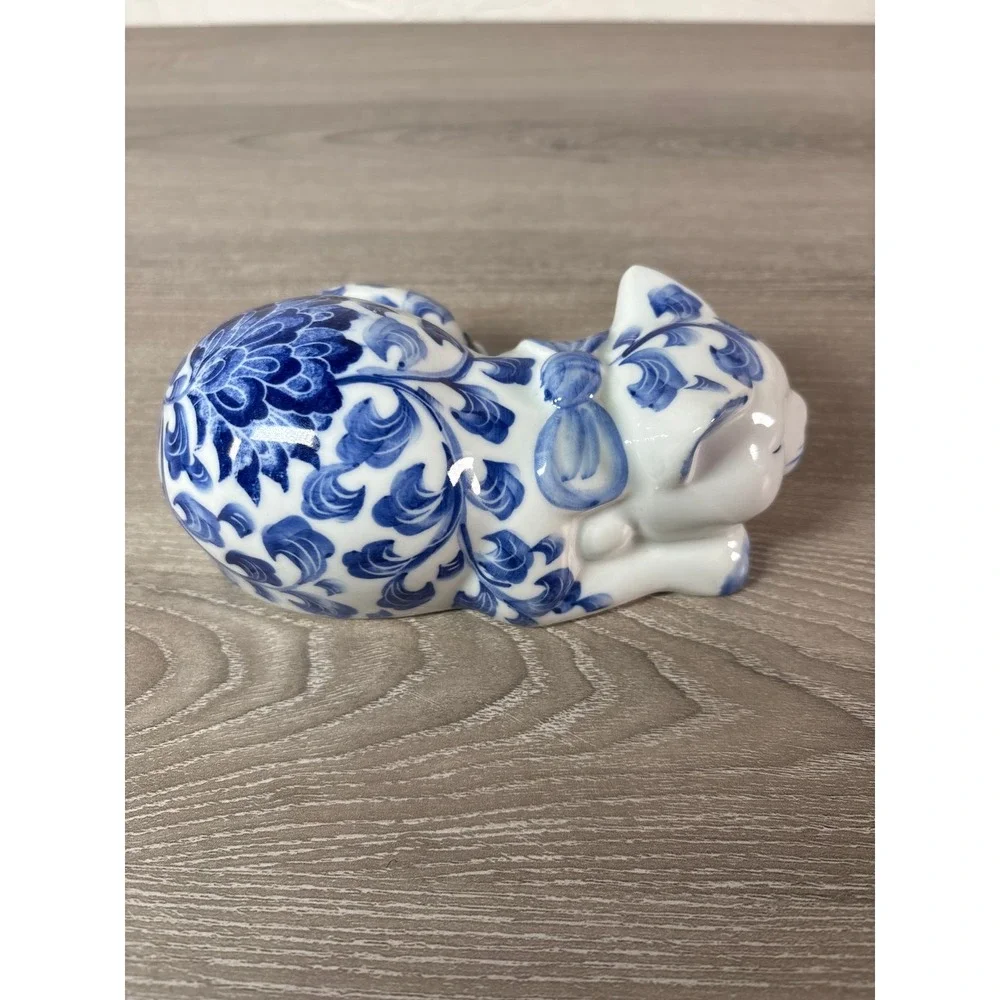 Vintage Cobalt Blue & White Flowers Sleeping Hand-Painted Collectible Cat w/ Bow